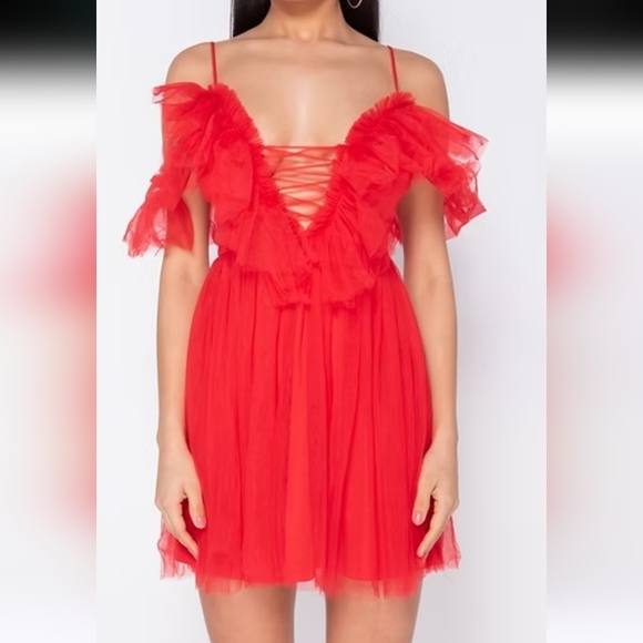 EILLY BAZAR Red Sheer Mesh Tie Front Ruffle Detail Cold Shoulder Mini Dress. XS - Picture 5 of 16